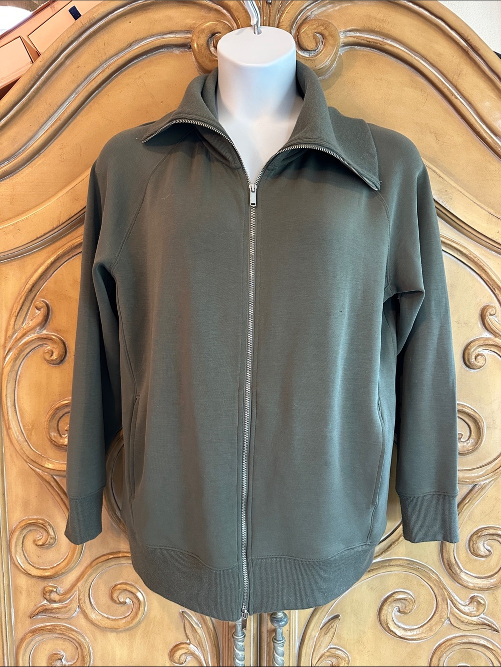NYDJ Olive Full-Zip Stand-Collar scuba knit jacket